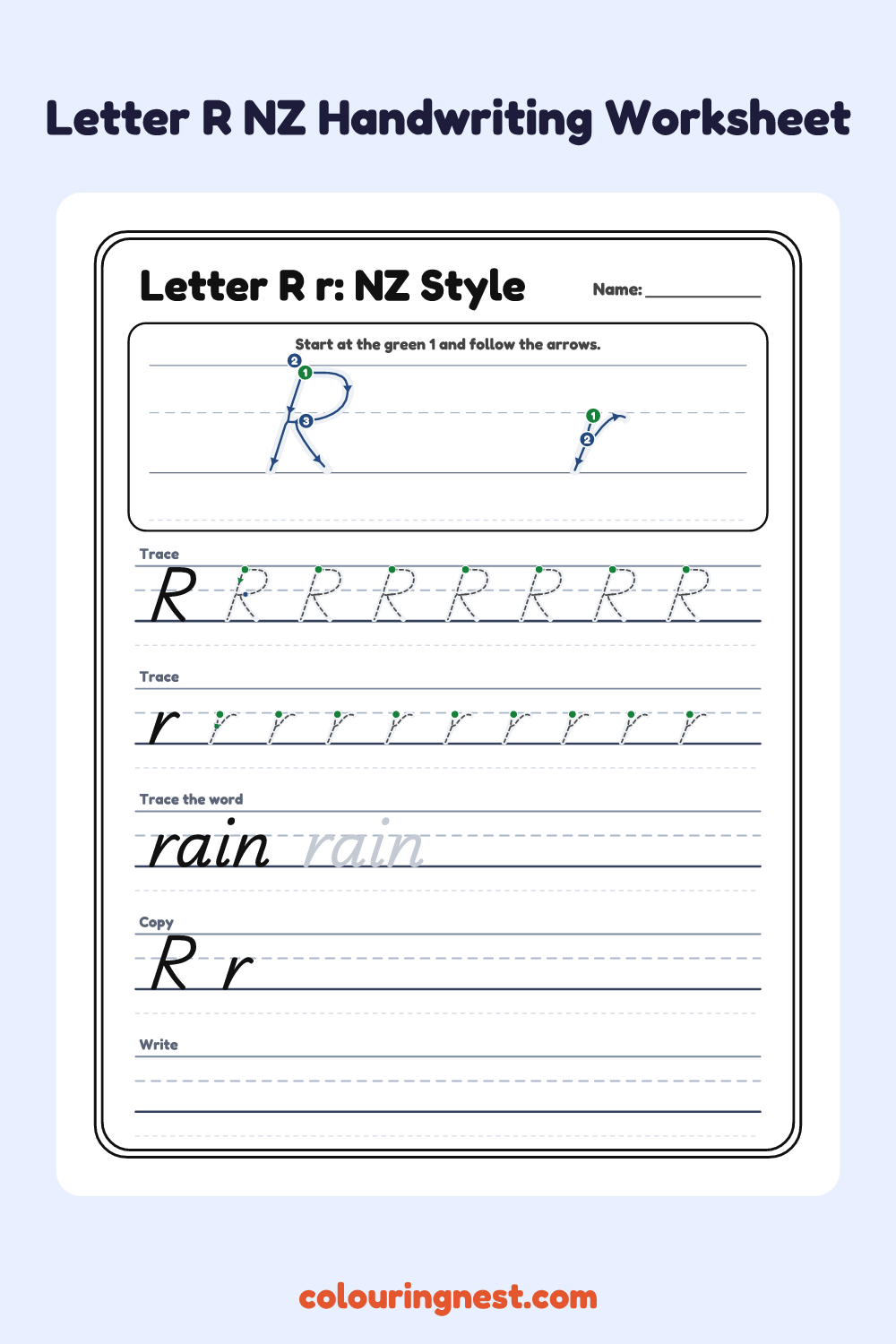 Letter R in NZ Handwriting Style worksheet: free printable black-and-white line art