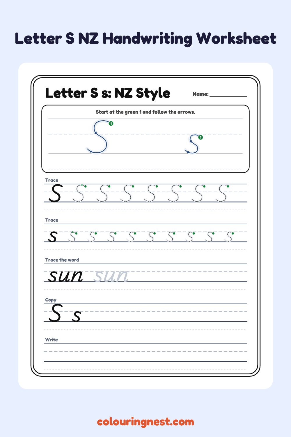 Letter S in NZ Handwriting Style worksheet: free printable black-and-white line art