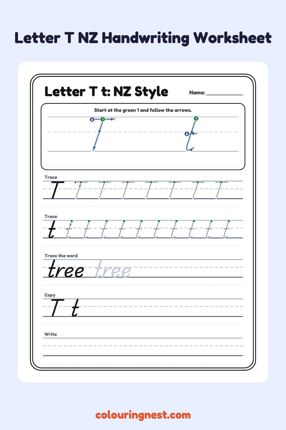 Letter T in NZ Handwriting Style worksheet: free printable black-and-white line art