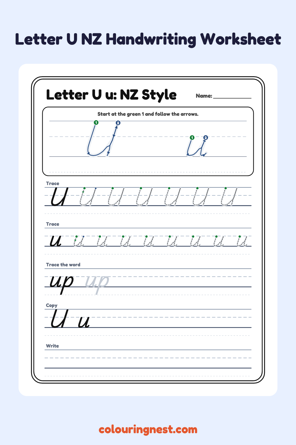 Letter U in NZ Handwriting Style worksheet: free printable black-and-white line art