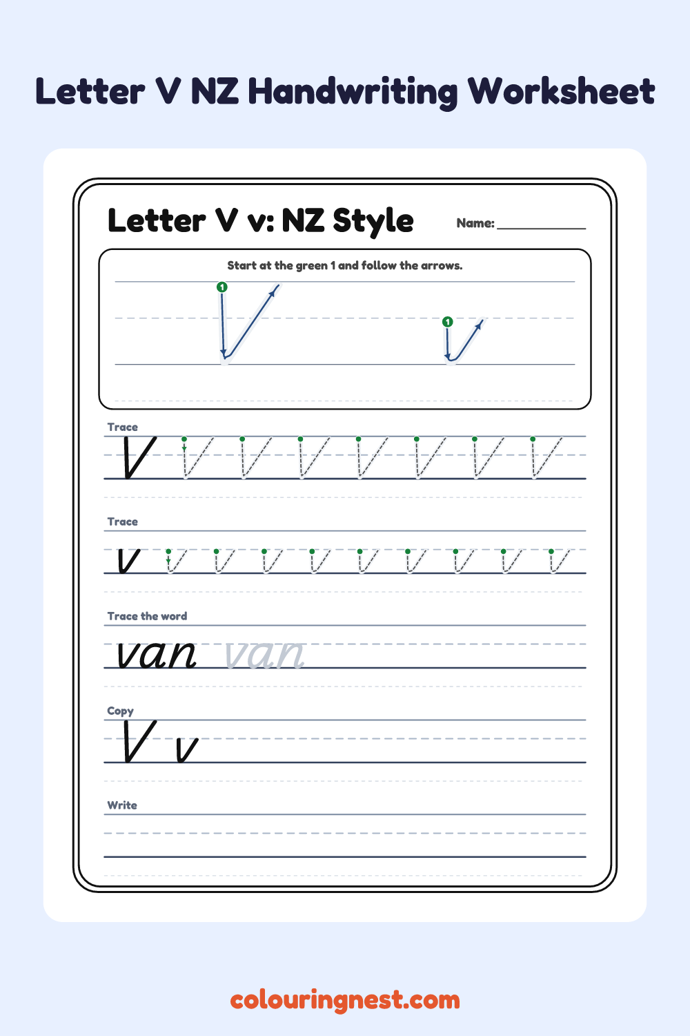 Letter V in NZ Handwriting Style worksheet: free printable black-and-white line art
