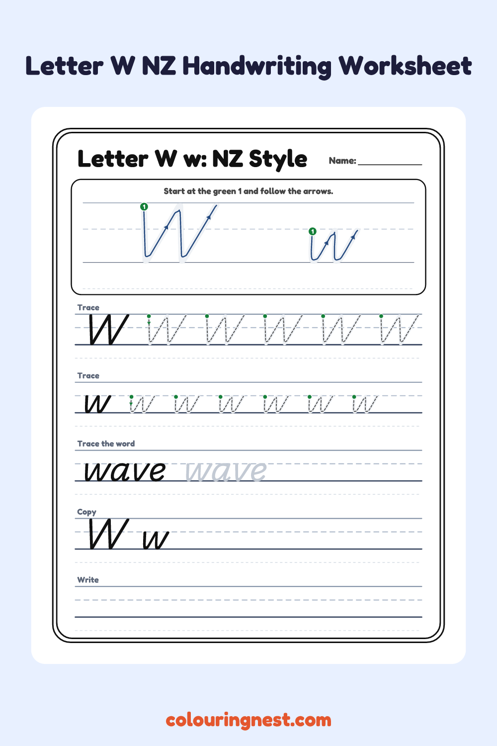Letter W in NZ Handwriting Style worksheet: free printable black-and-white line art