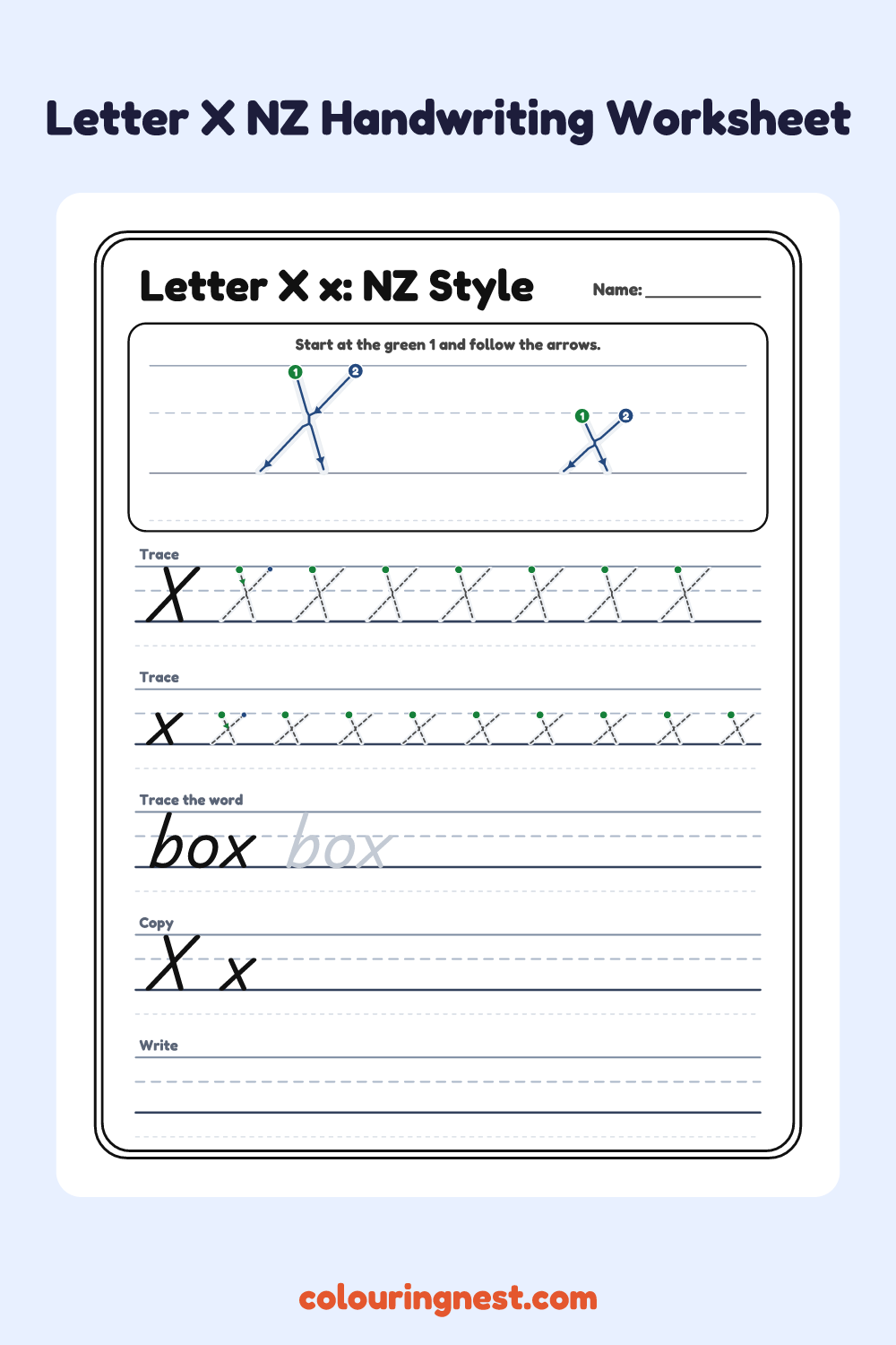 Letter X in NZ Handwriting Style worksheet: free printable black-and-white line art