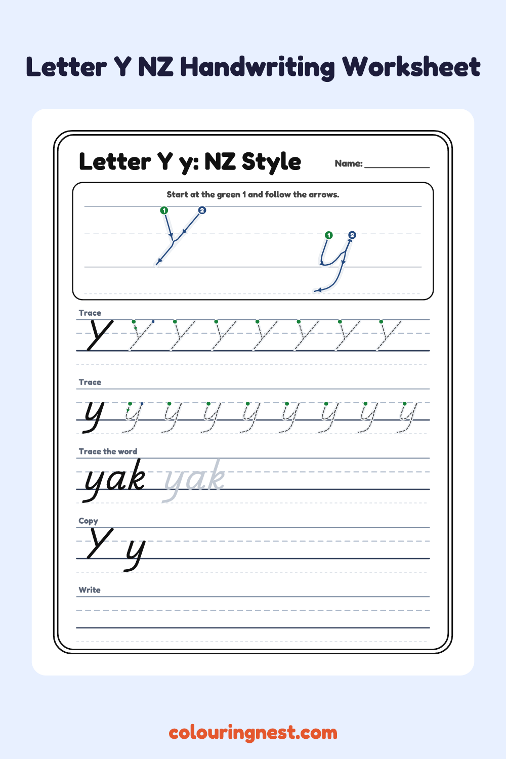 Letter Y in NZ Handwriting Style worksheet: free printable black-and-white line art