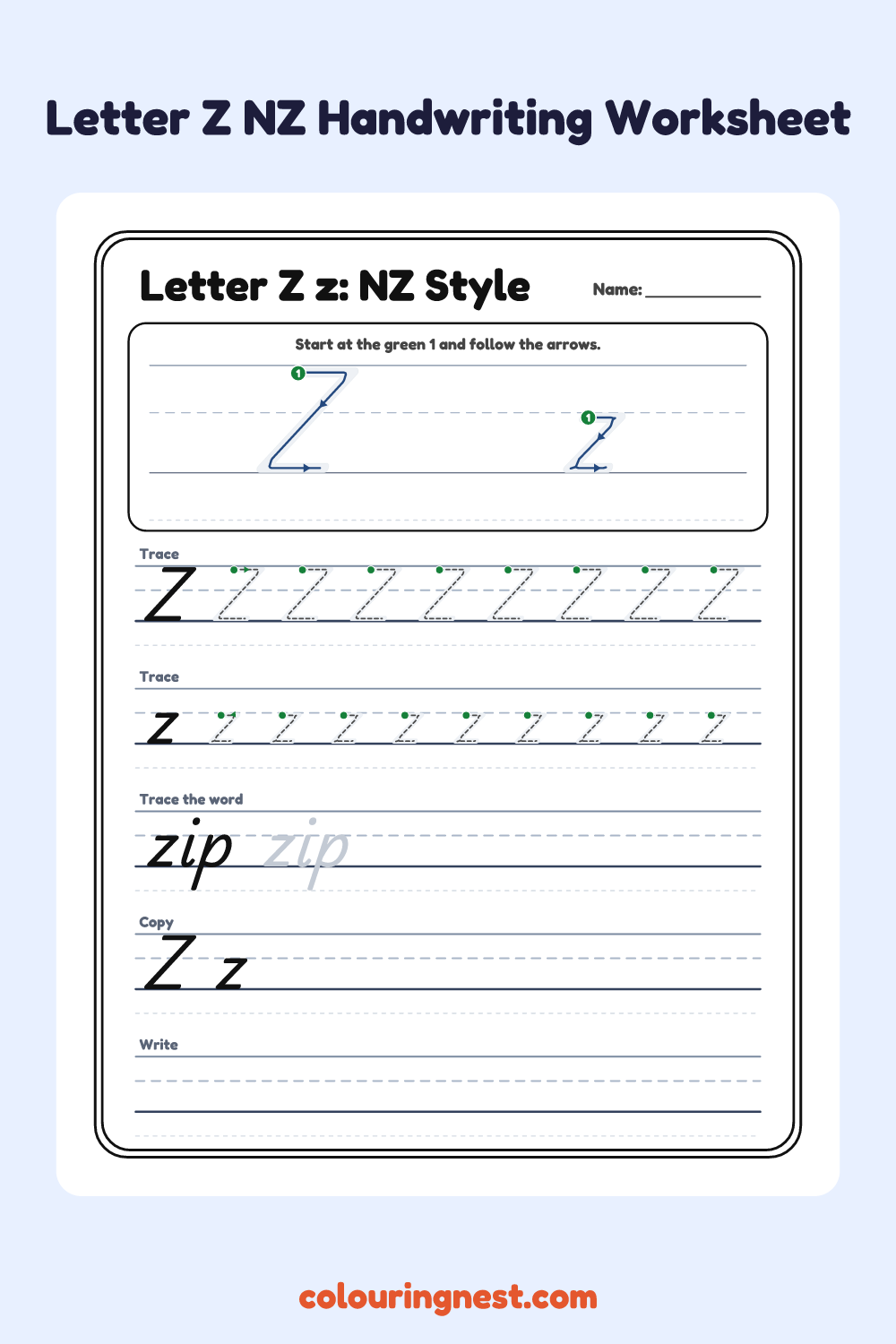 Letter Z in NZ Handwriting Style worksheet: free printable black-and-white line art