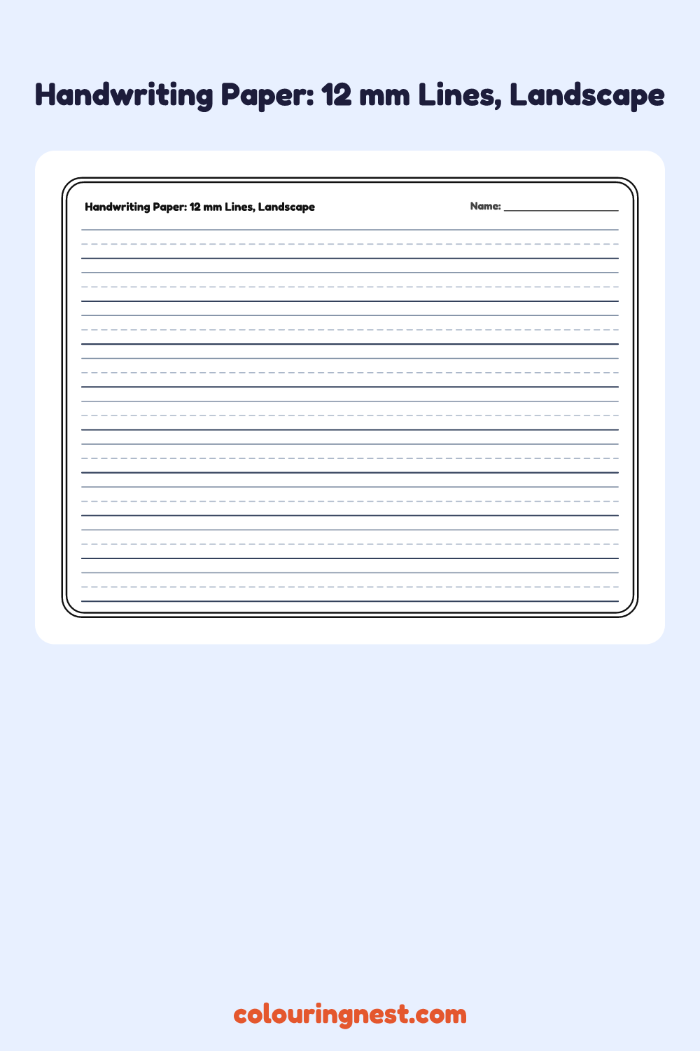 Handwriting Paper: 12 mm Lines, Landscape worksheet: free printable black-and-white line art