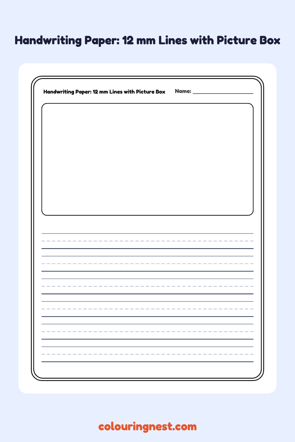 Handwriting Paper: 12 mm Lines with Picture Box worksheet: free printable black-and-white line art