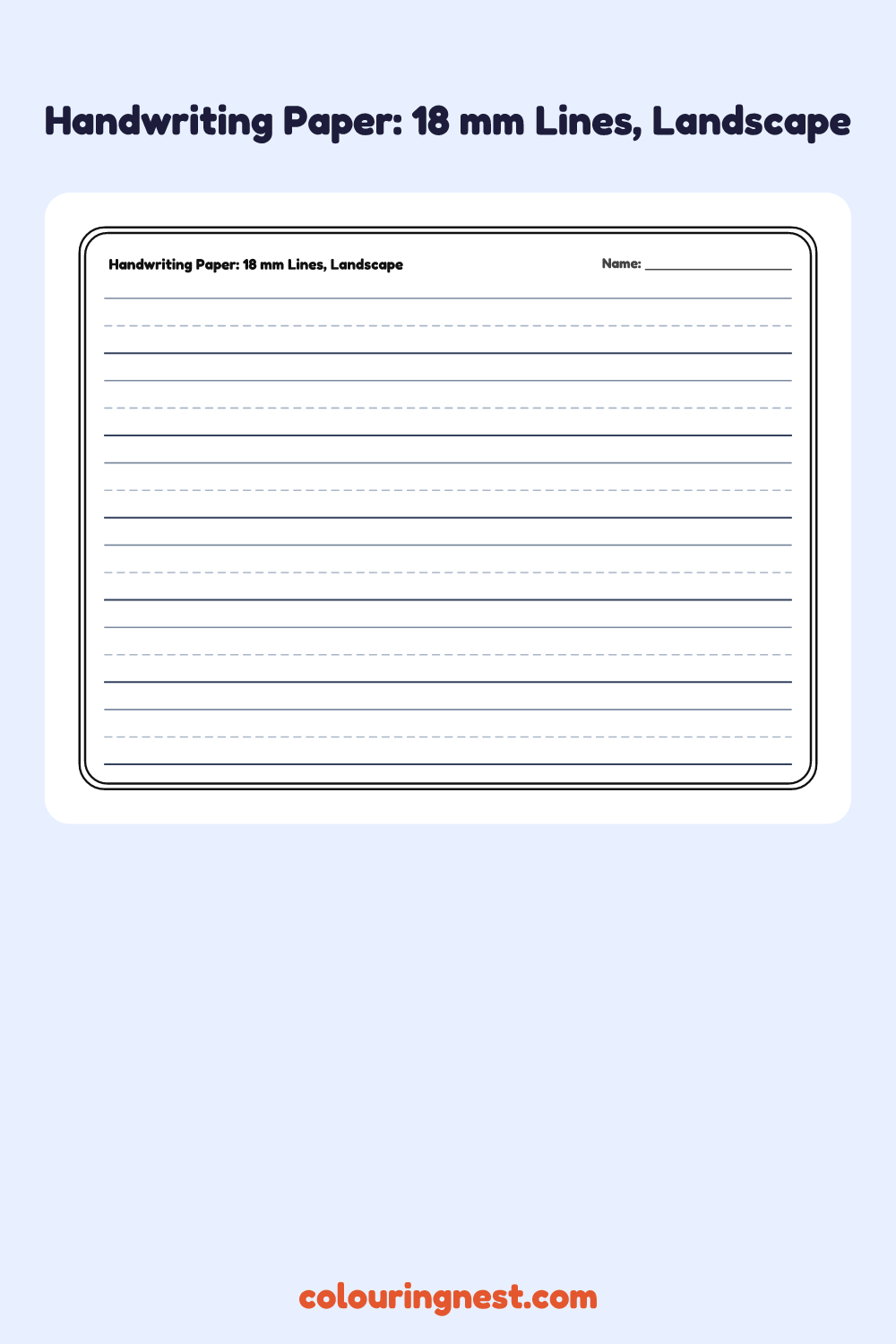 Handwriting Paper: 18 mm Lines, Landscape worksheet: free printable black-and-white line art