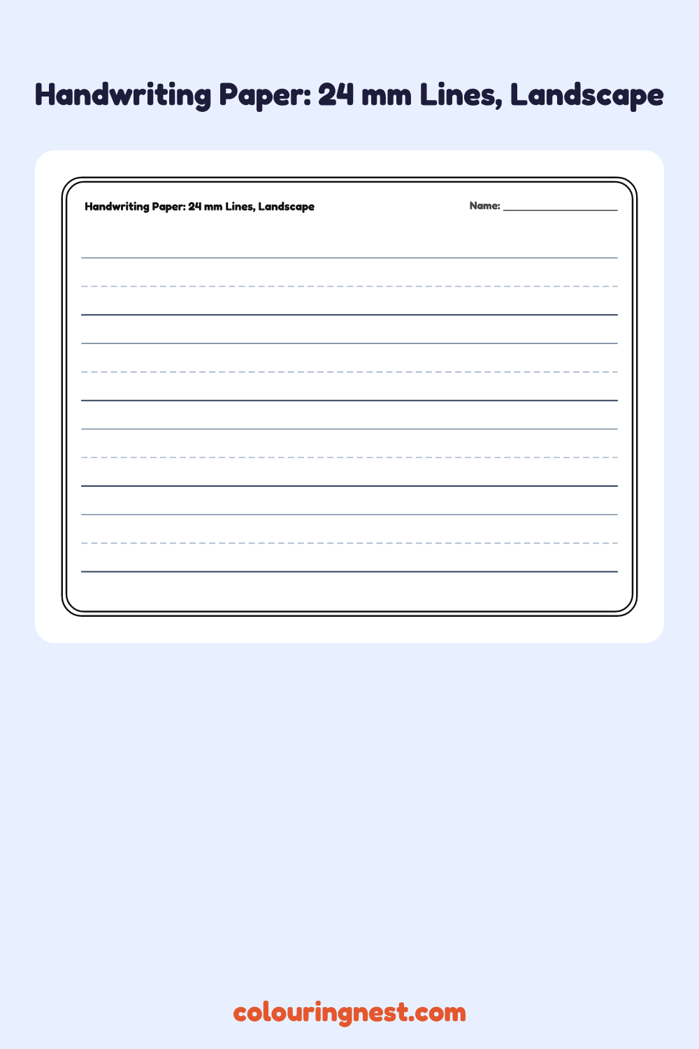 Handwriting Paper: 24 mm Lines, Landscape worksheet: free printable black-and-white line art