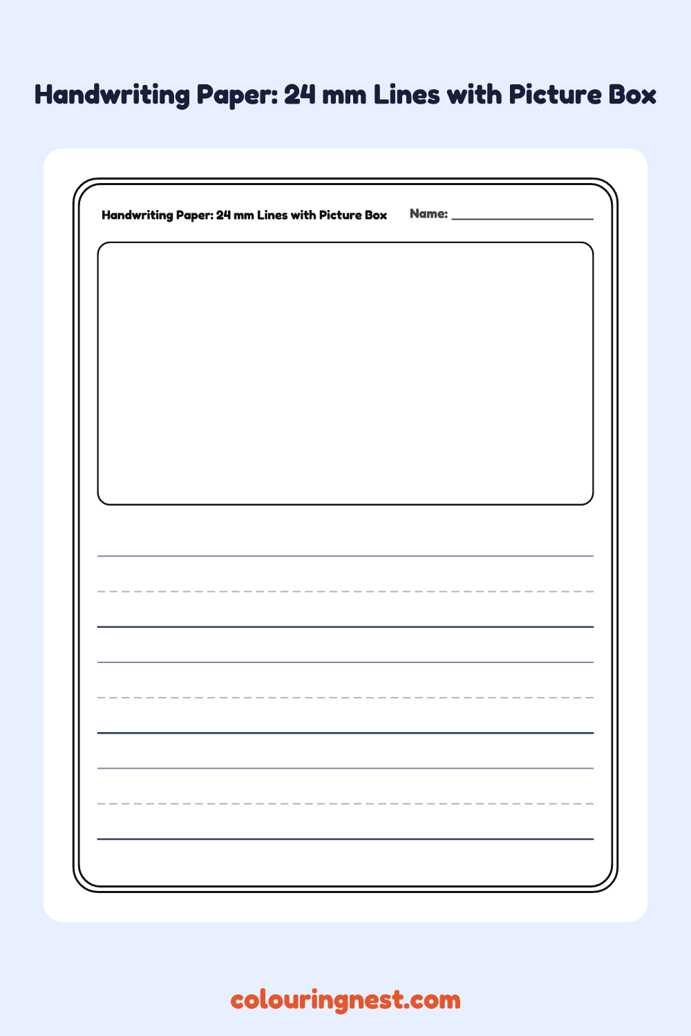 Handwriting Paper: 24 mm Lines with Picture Box worksheet: free printable black-and-white line art
