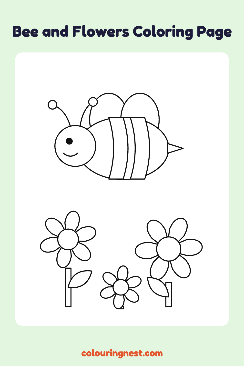 Bee and Flowers Coloring Page: free printable black-and-white line art
