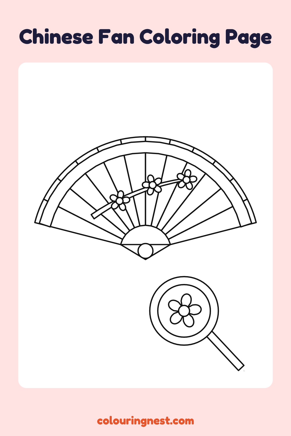 Chinese Fan Coloring Page: free printable black-and-white line art