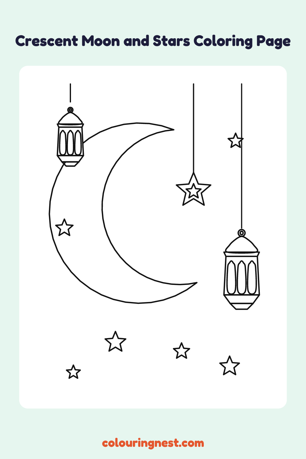 Crescent Moon and Stars Coloring Page: free printable black-and-white line art