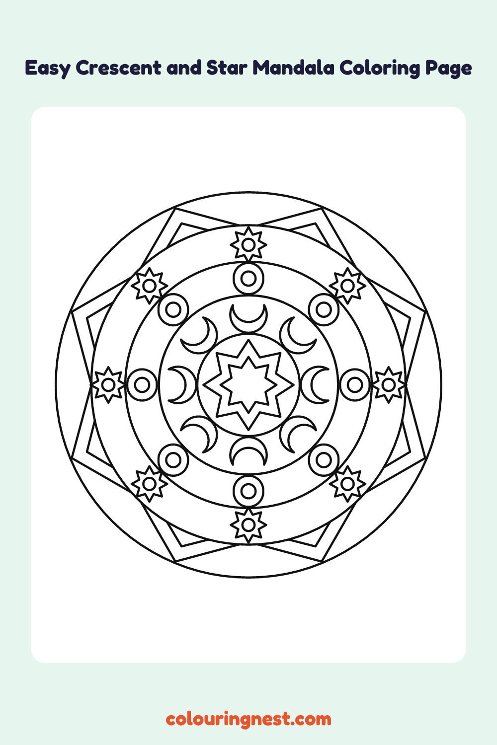 Easy Crescent and Star Mandala Coloring Page: free printable black-and-white line art