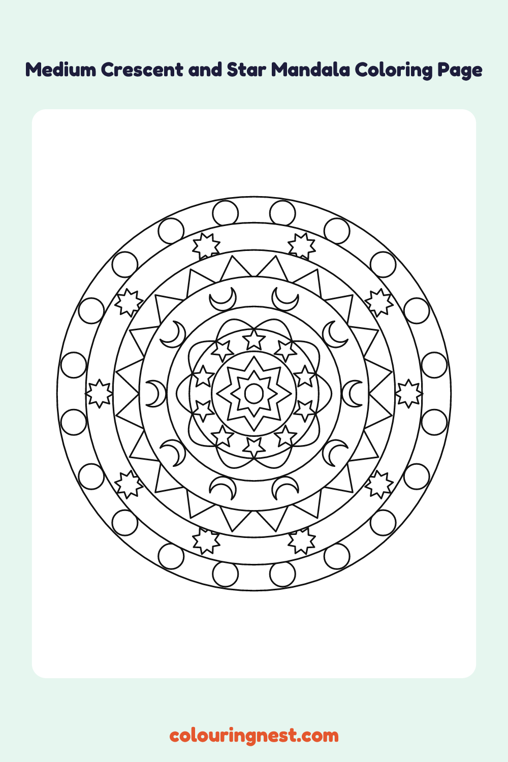 Medium Crescent and Star Mandala Coloring Page: free printable black-and-white line art