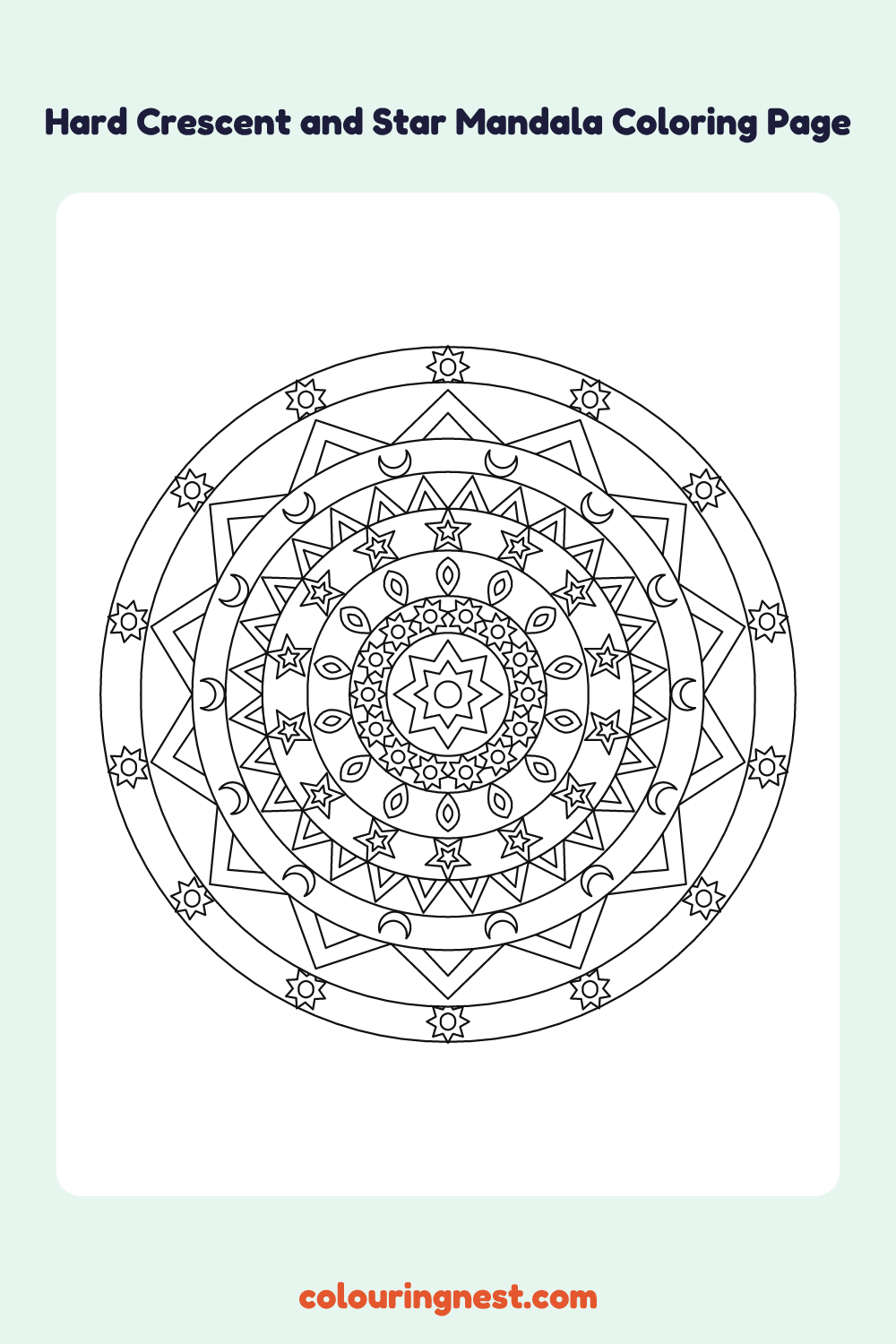 Hard Crescent and Star Mandala Coloring Page: free printable black-and-white line art