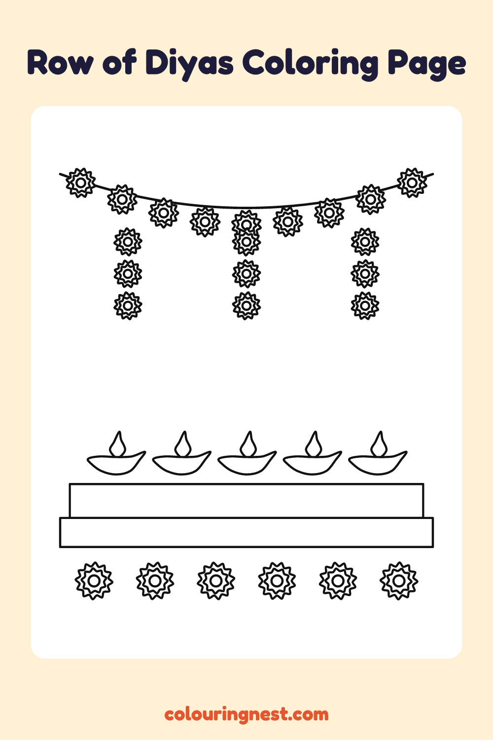 Row of Diyas Coloring Page: free printable black-and-white line art