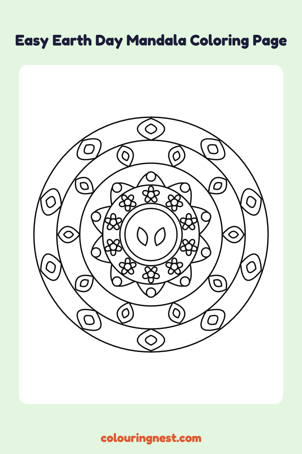 Easy Earth Day Mandala Coloring Page: free printable black-and-white line art