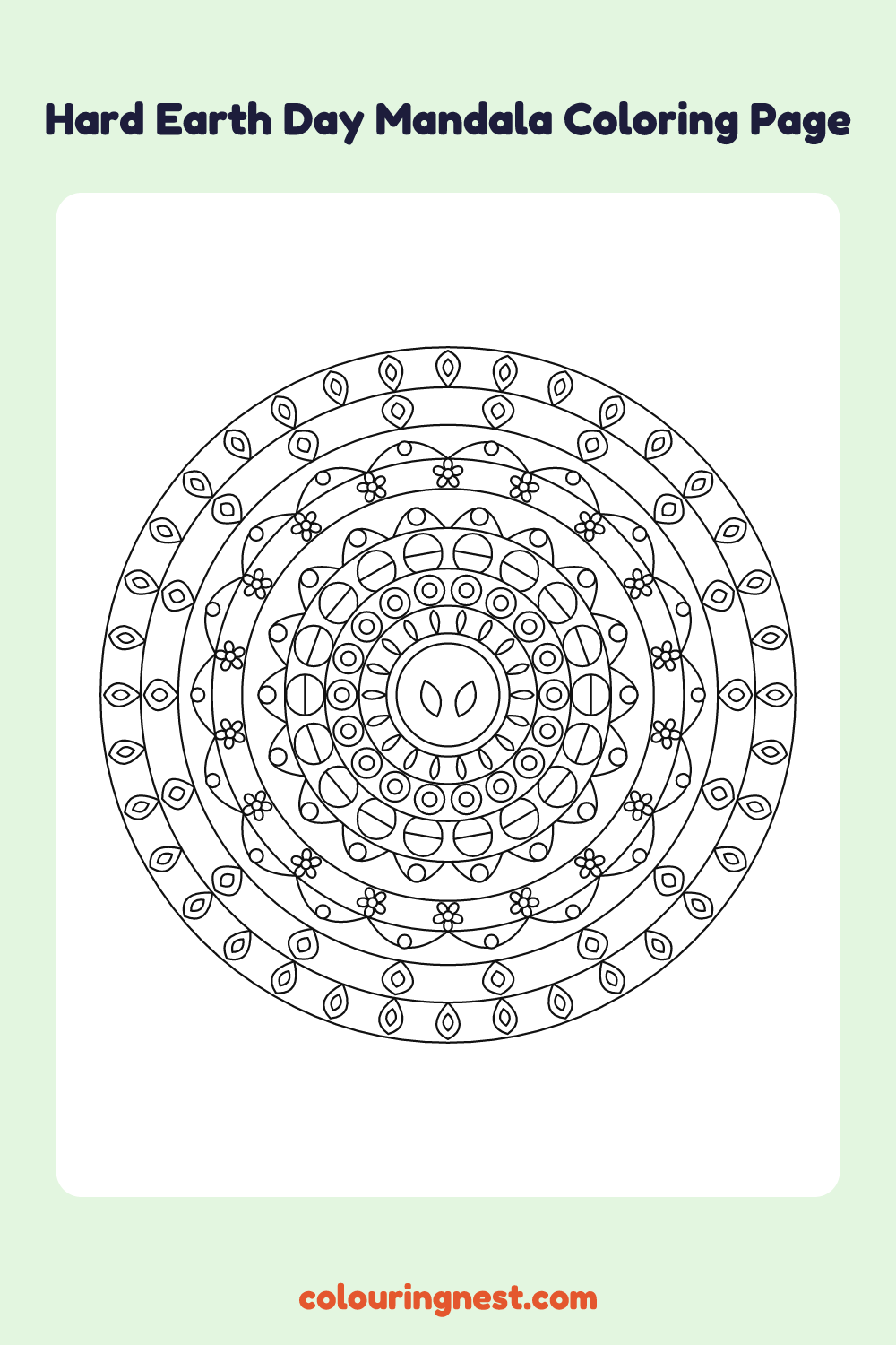 Hard Earth Day Mandala Coloring Page: free printable black-and-white line art