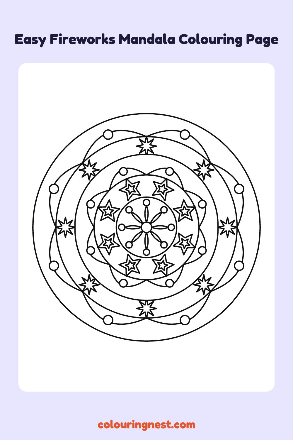 Easy Fireworks Mandala Colouring Page coloring page: free printable black-and-white line art