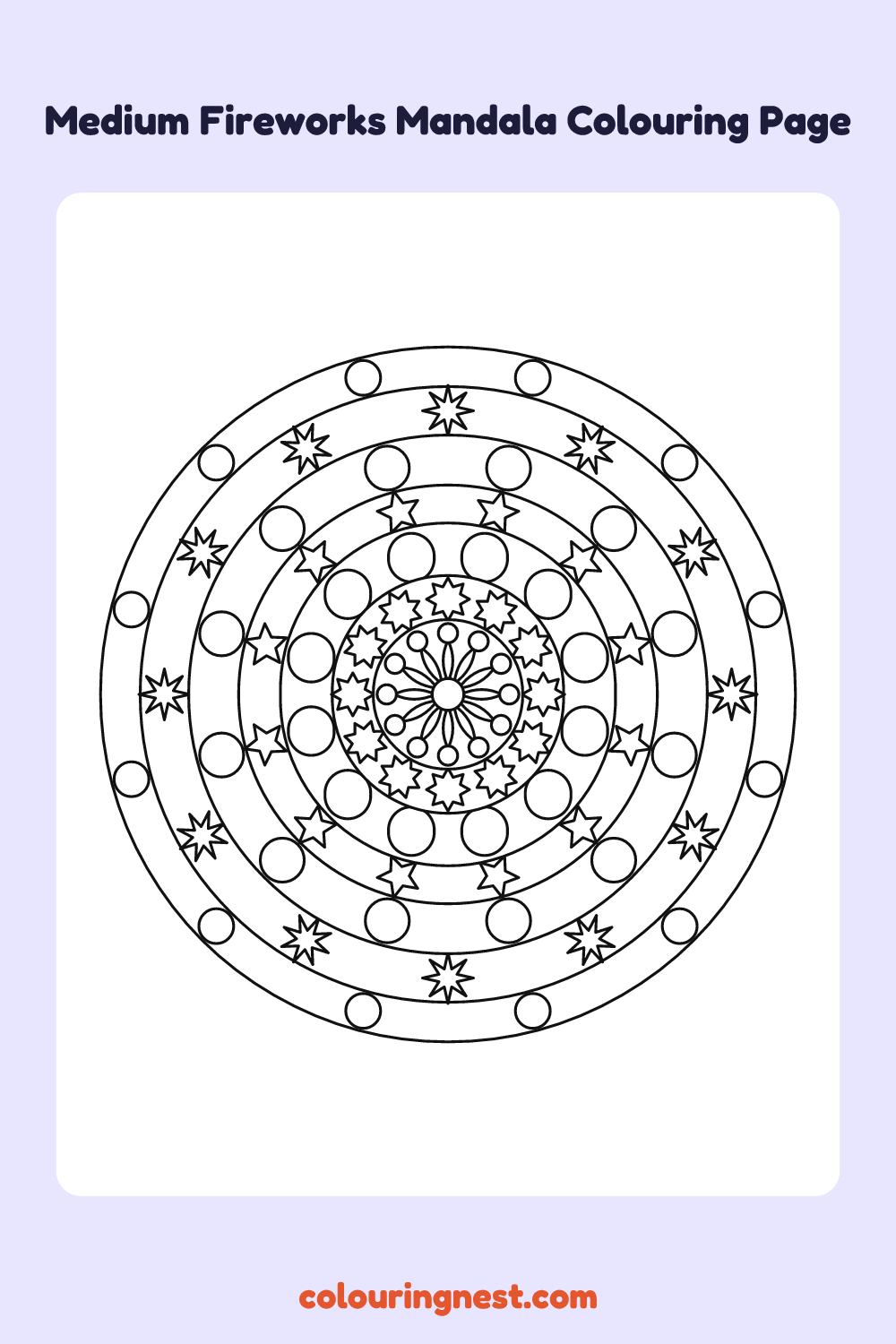 Medium Fireworks Mandala Colouring Page coloring page: free printable black-and-white line art