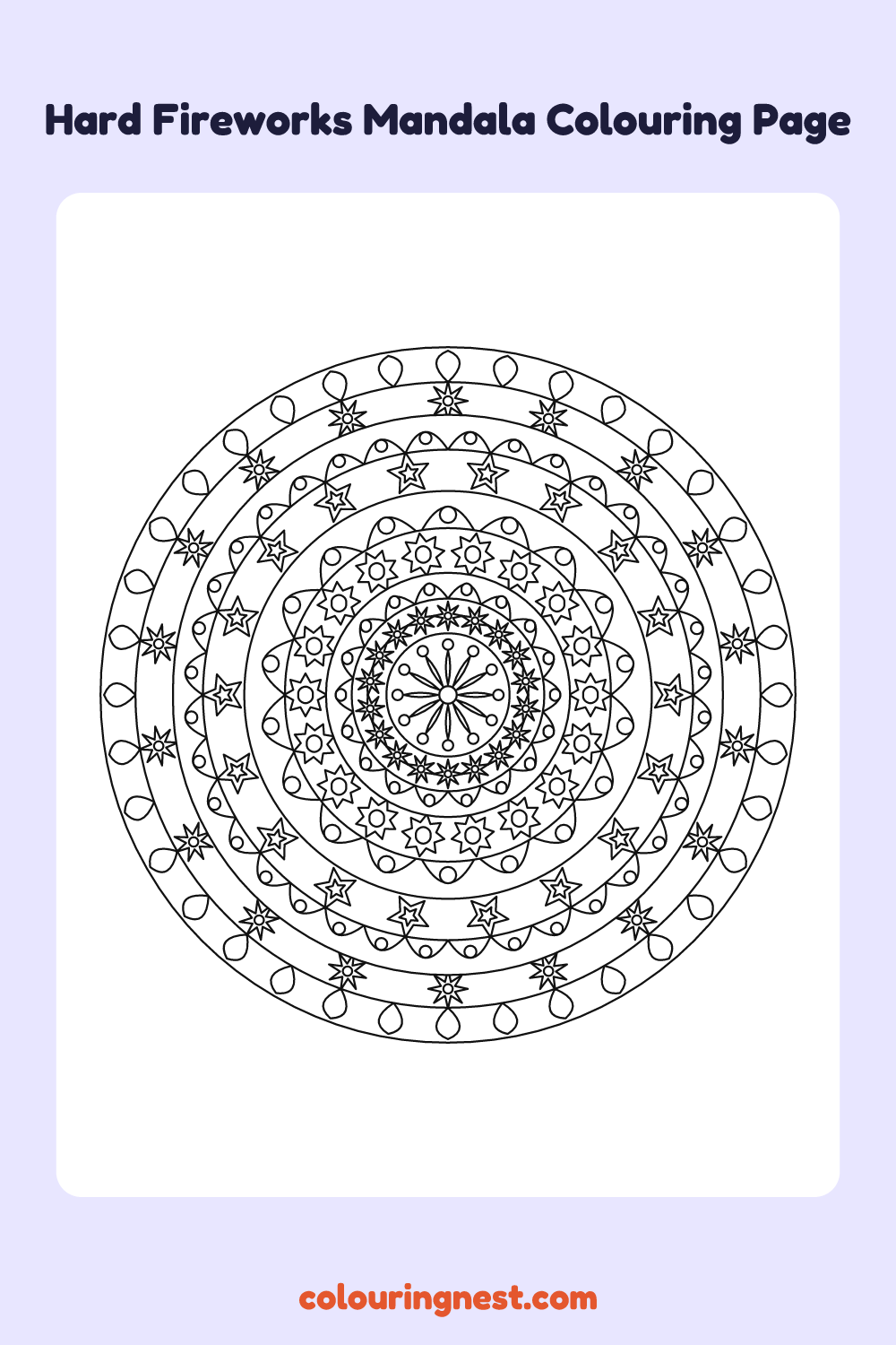 Hard Fireworks Mandala Colouring Page coloring page: free printable black-and-white line art