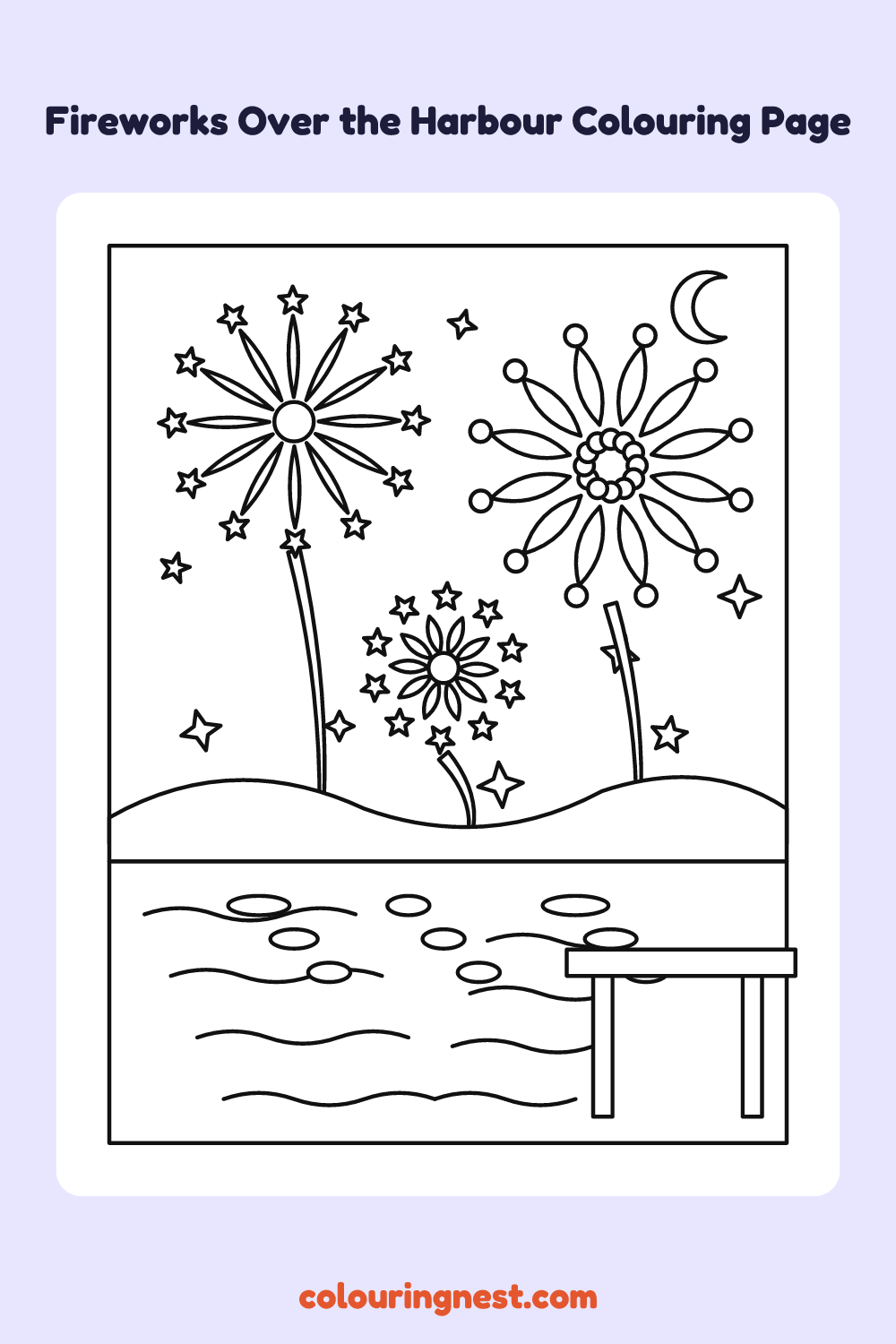 Fireworks Over the Harbour Colouring Page coloring page: free printable black-and-white line art