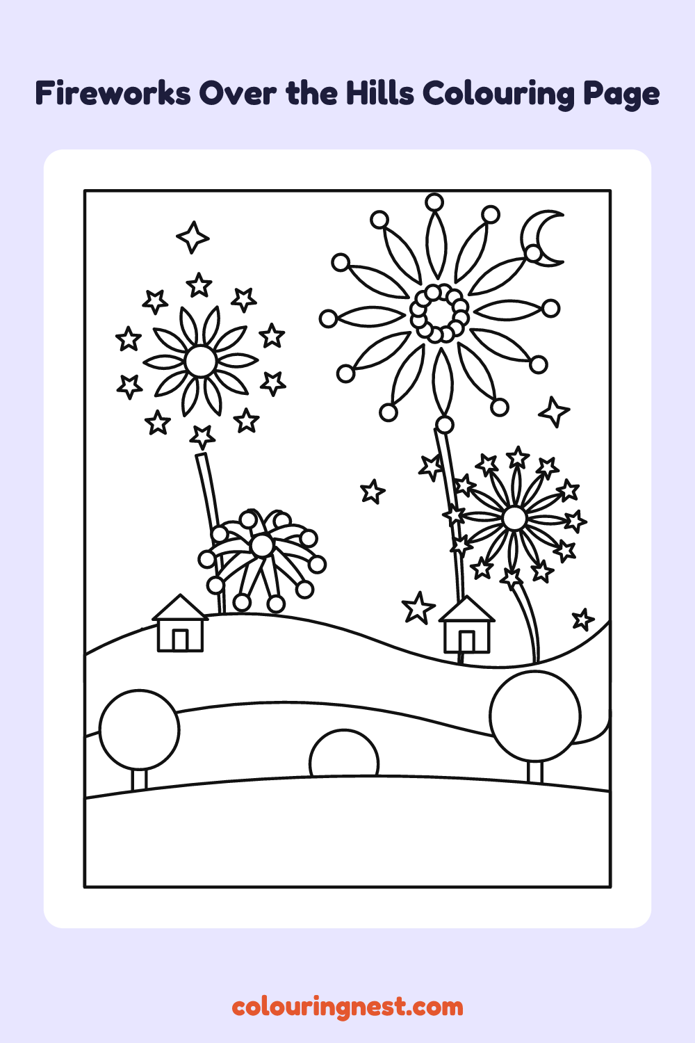 Fireworks Over the Hills Colouring Page coloring page: free printable black-and-white line art