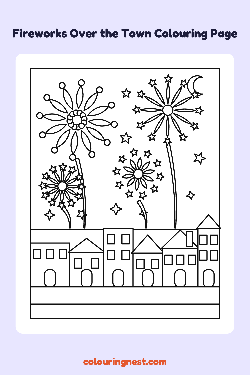 Fireworks Over the Town Colouring Page coloring page: free printable black-and-white line art