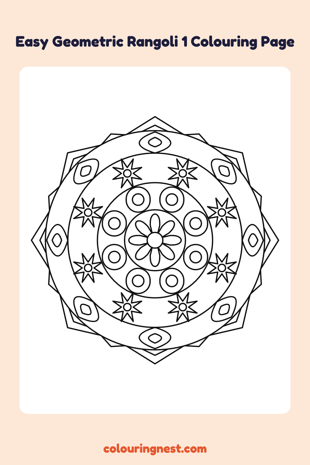 Easy Geometric Rangoli 1 Colouring Page coloring page: free printable black-and-white line art