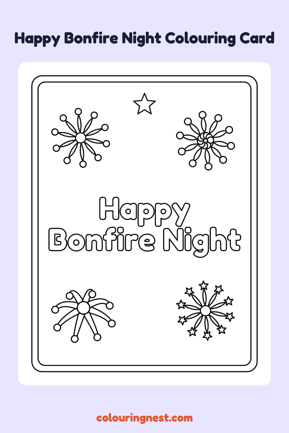 Happy Bonfire Night Colouring Card coloring page: free printable black-and-white line art