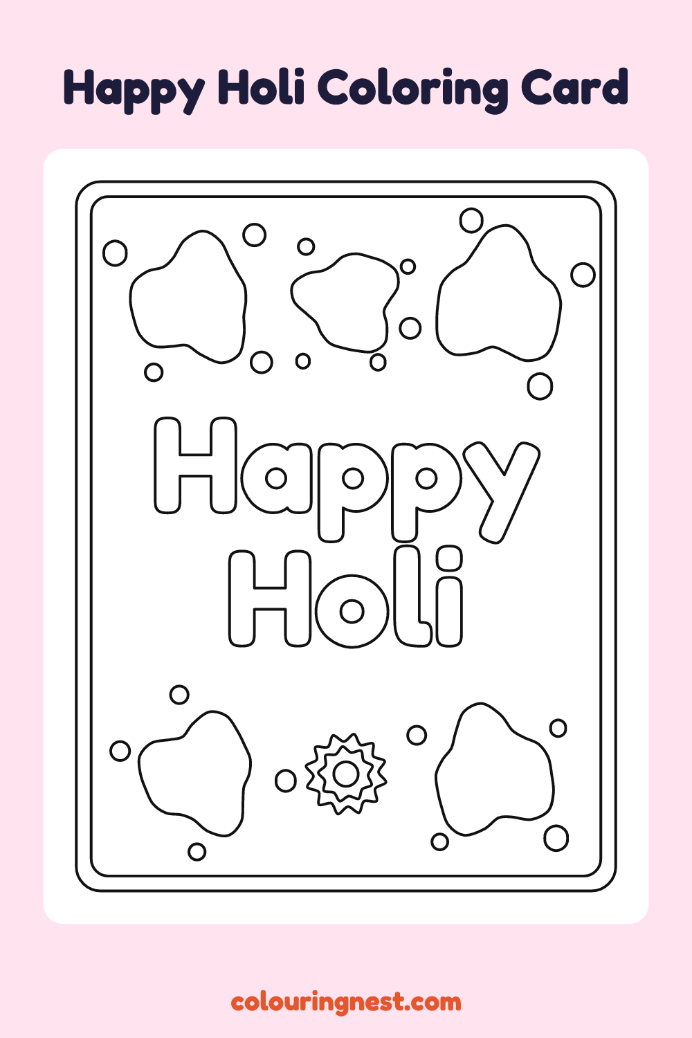 Happy Holi Coloring Card coloring page: free printable black-and-white line art