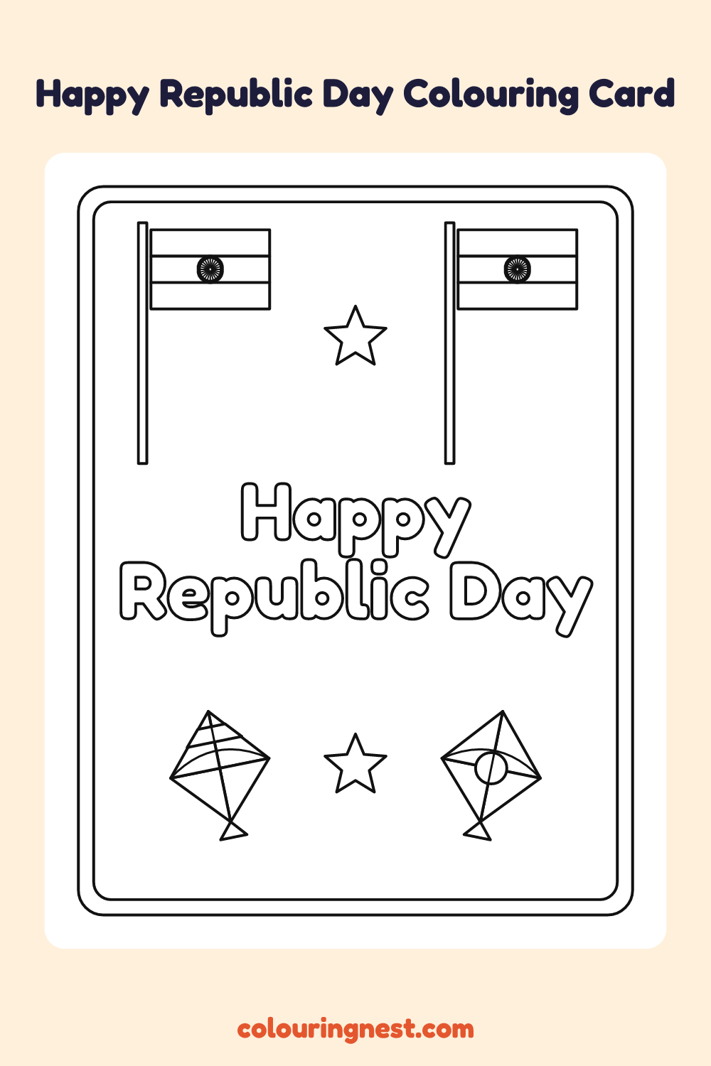 Happy Republic Day Colouring Card coloring page: free printable black-and-white line art