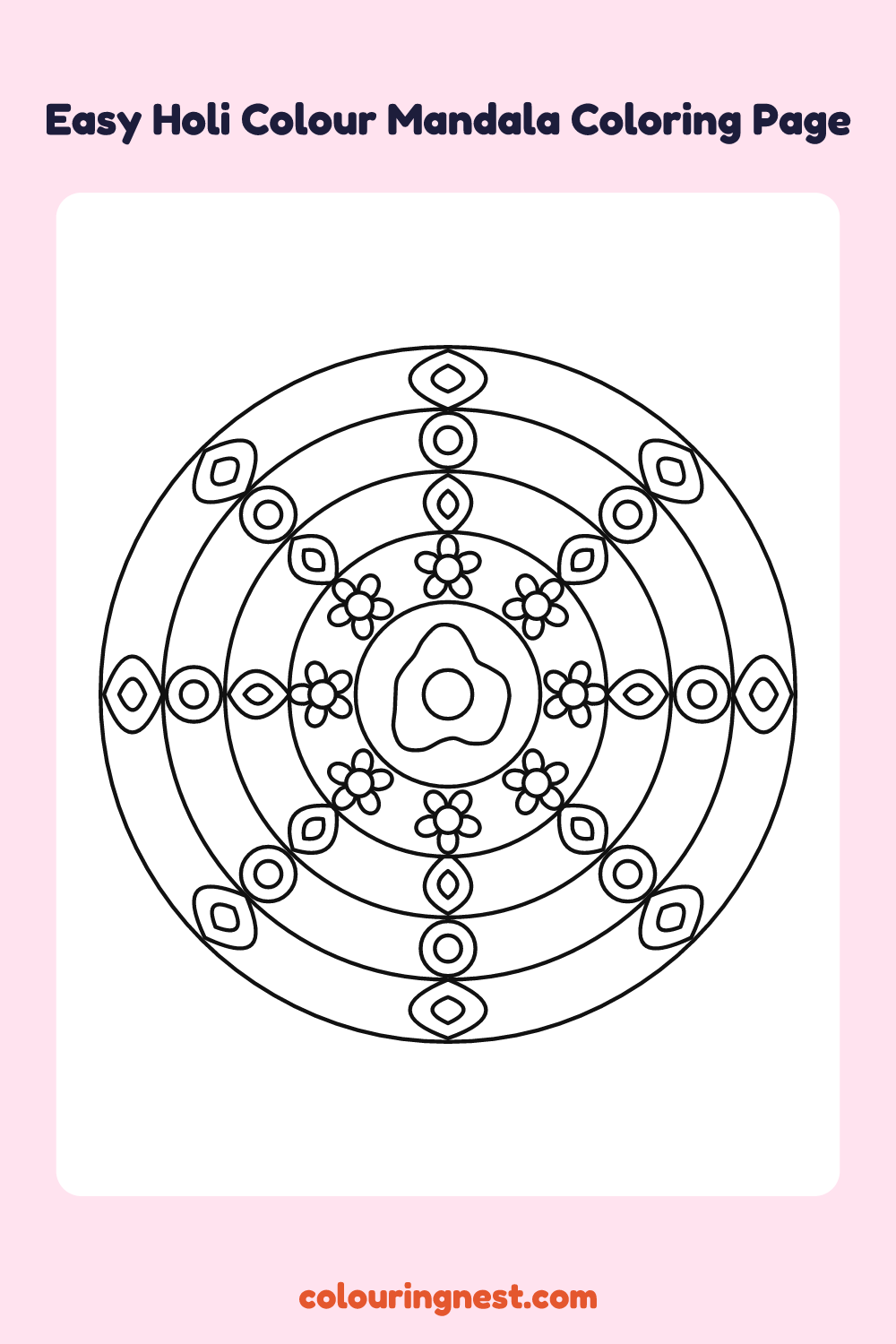 Easy Holi Colour Mandala Coloring Page: free printable black-and-white line art