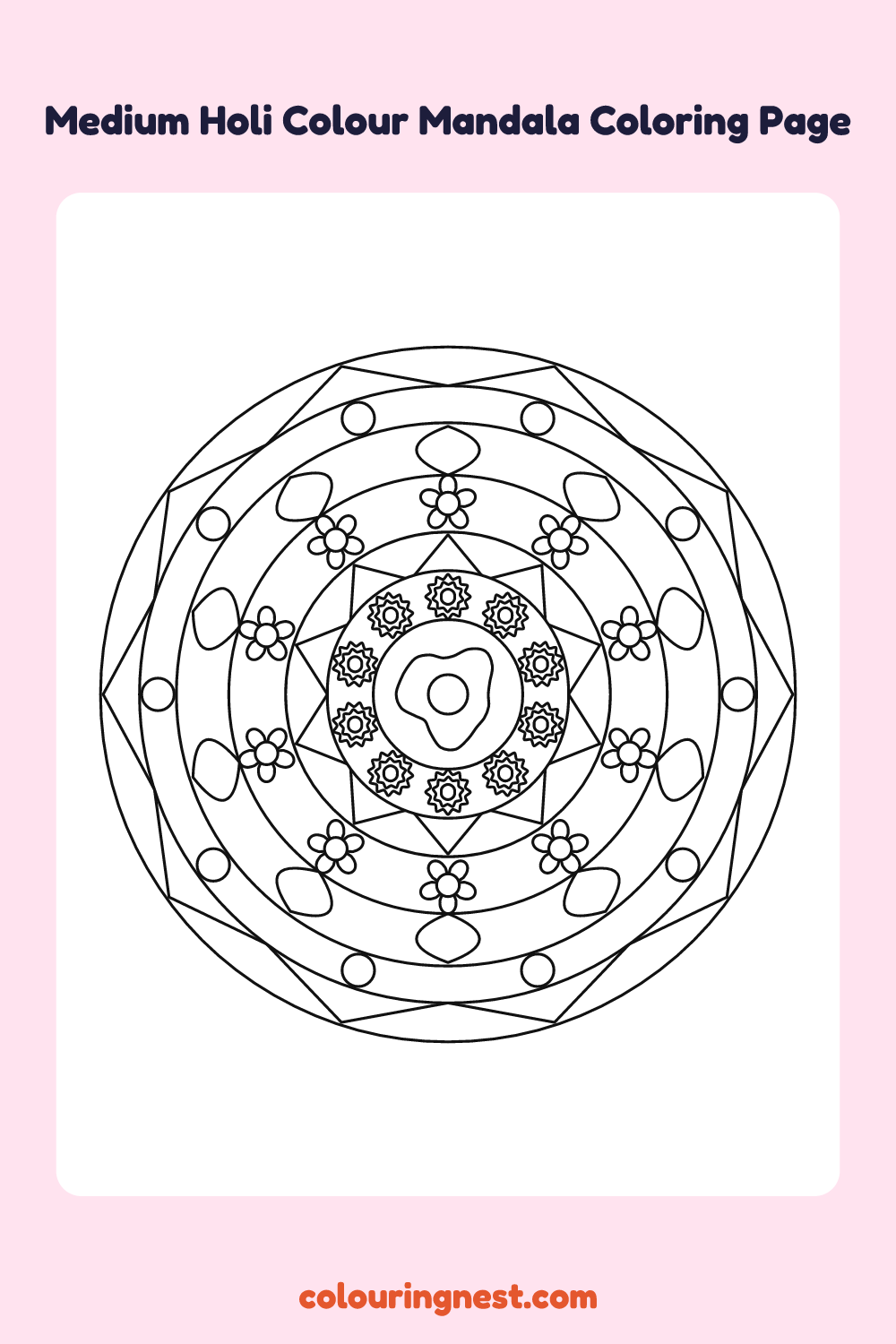 Medium Holi Colour Mandala Coloring Page: free printable black-and-white line art