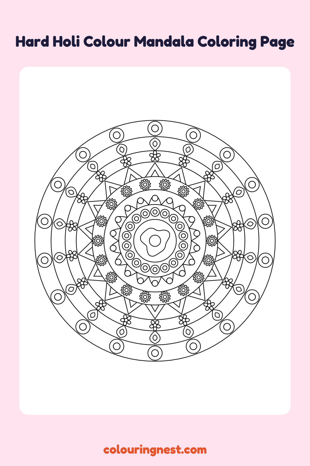 Hard Holi Colour Mandala Coloring Page: free printable black-and-white line art