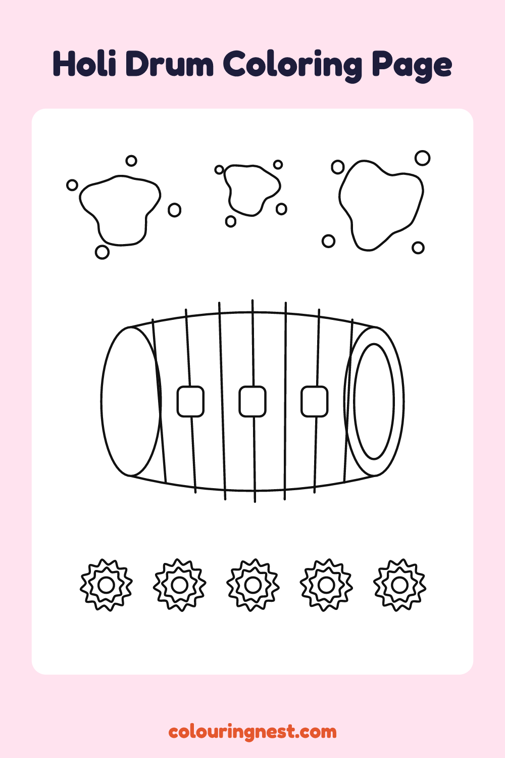 Holi Drum Coloring Page: free printable black-and-white line art