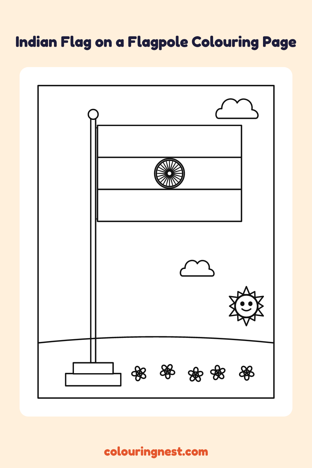 Indian Flag on a Flagpole Colouring Page coloring page: free printable black-and-white line art