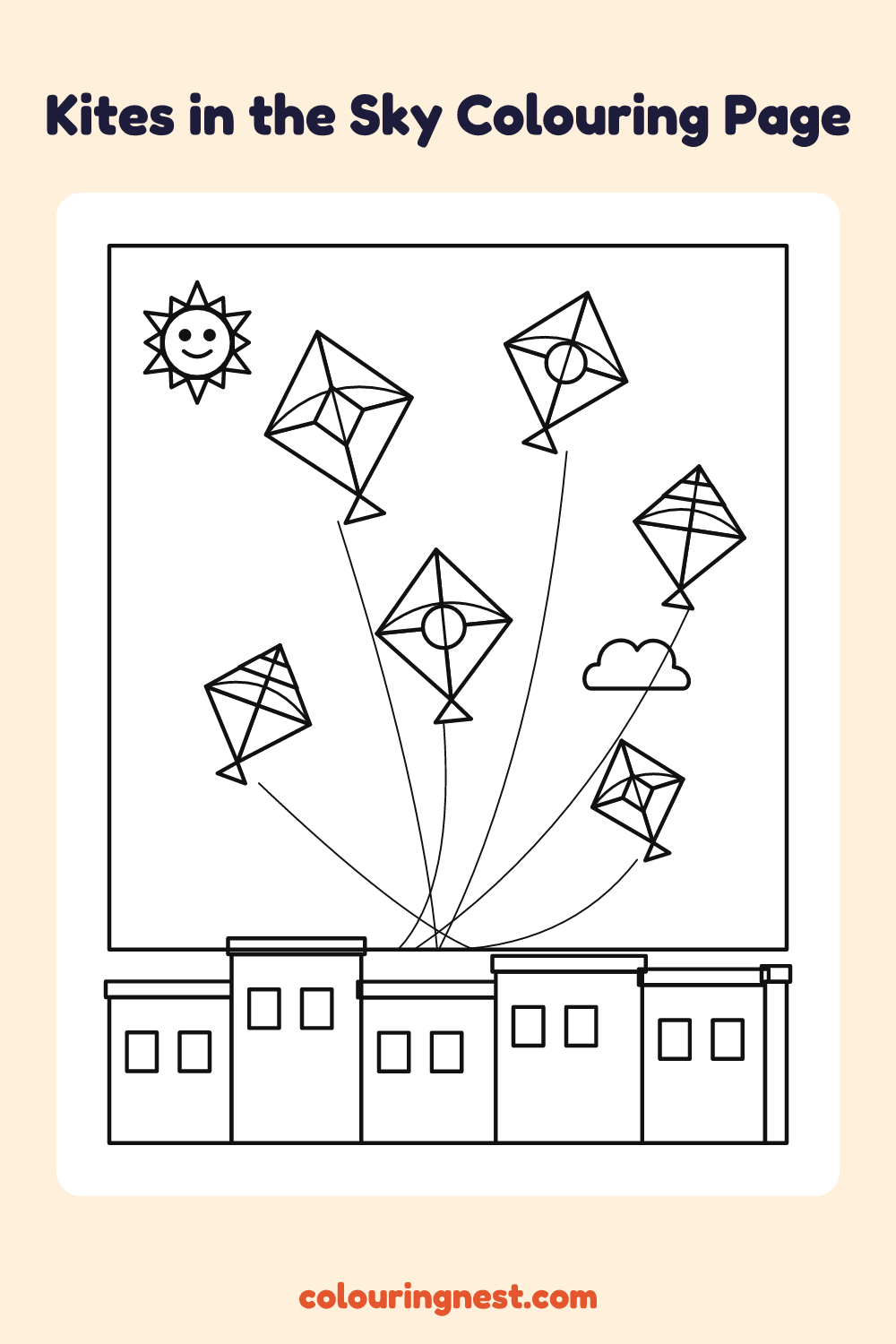 Kites in the Sky Colouring Page coloring page: free printable black-and-white line art