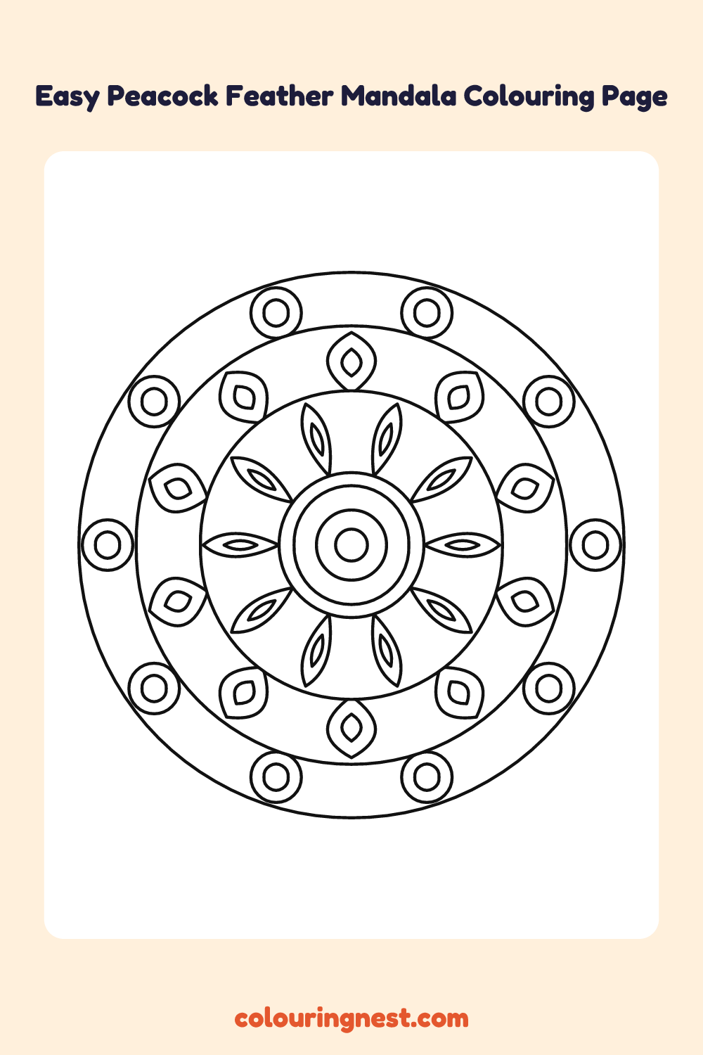 Easy Peacock Feather Mandala Colouring Page coloring page: free printable black-and-white line art