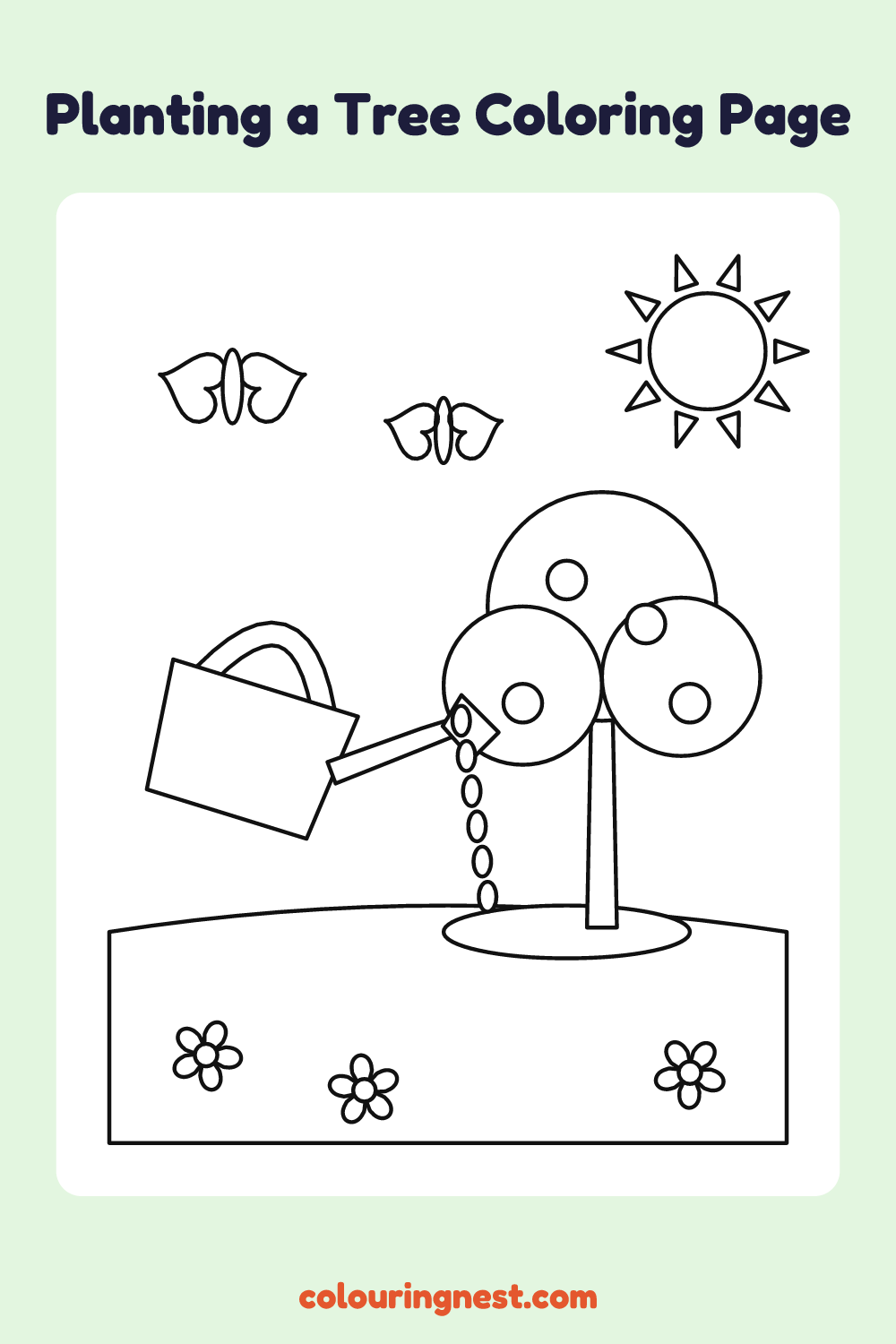 Planting a Tree Coloring Page: free printable black-and-white line art