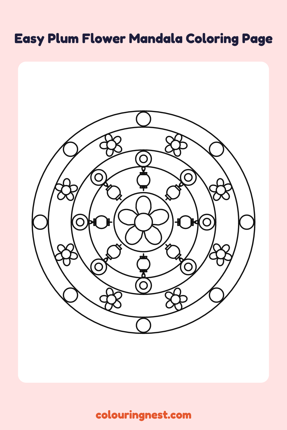 Easy Plum Flower Mandala Coloring Page: free printable black-and-white line art