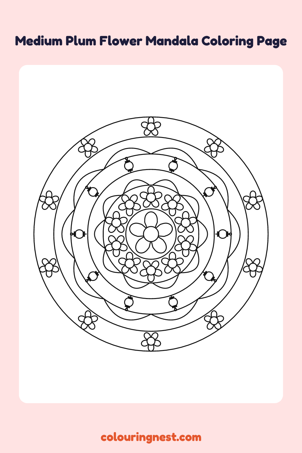 Medium Plum Flower Mandala Coloring Page: free printable black-and-white line art