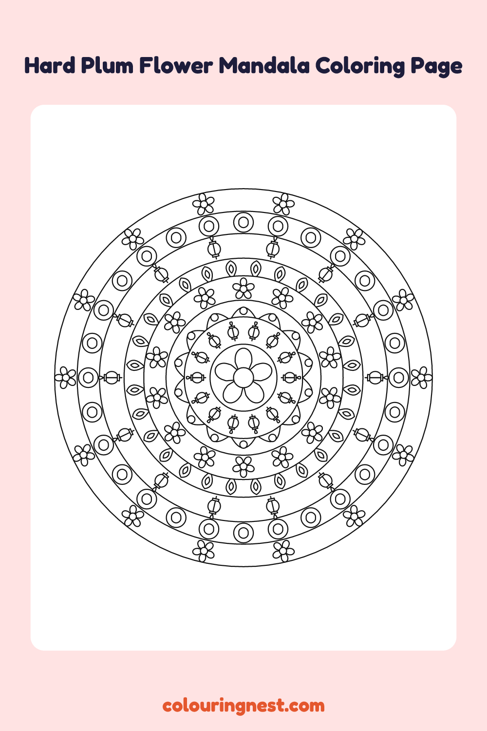 Hard Plum Flower Mandala Coloring Page: free printable black-and-white line art