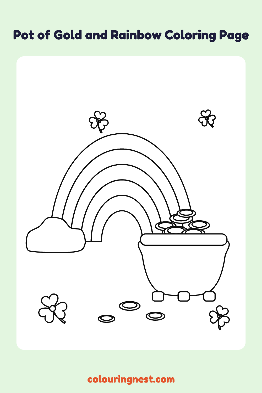 Pot of Gold and Rainbow Coloring Page: free printable black-and-white line art
