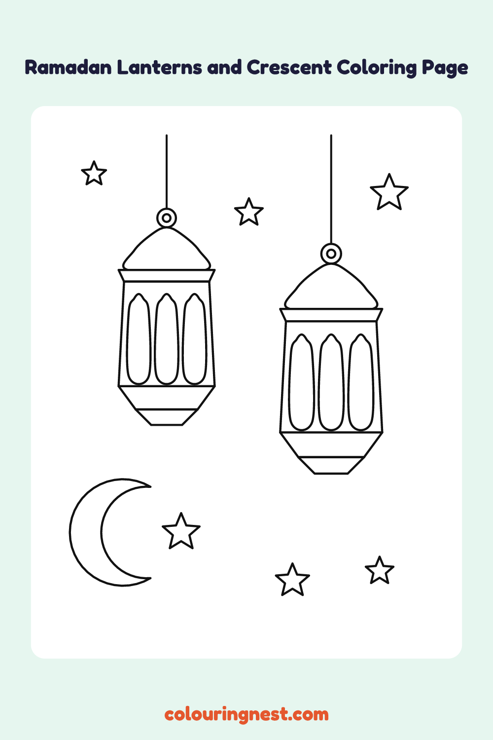 Ramadan Lanterns and Crescent Coloring Page: free printable black-and-white line art