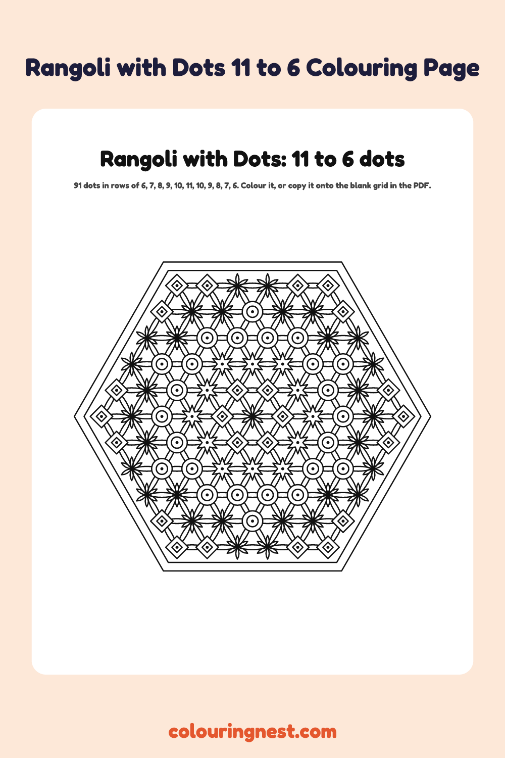 Rangoli with Dots 11 to 6 Colouring Page coloring page: free printable black-and-white line art