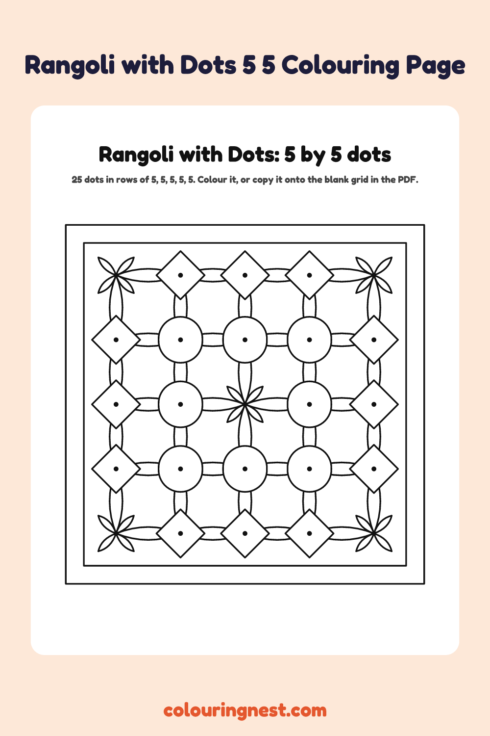 Rangoli with Dots 5×5 Colouring Page coloring page: free printable black-and-white line art