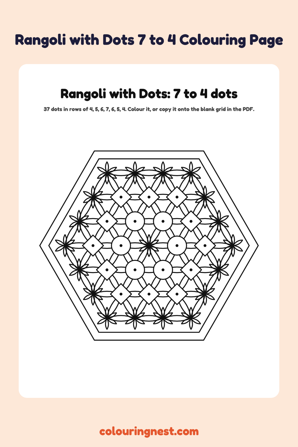 Rangoli with Dots 7 to 4 Colouring Page coloring page: free printable black-and-white line art