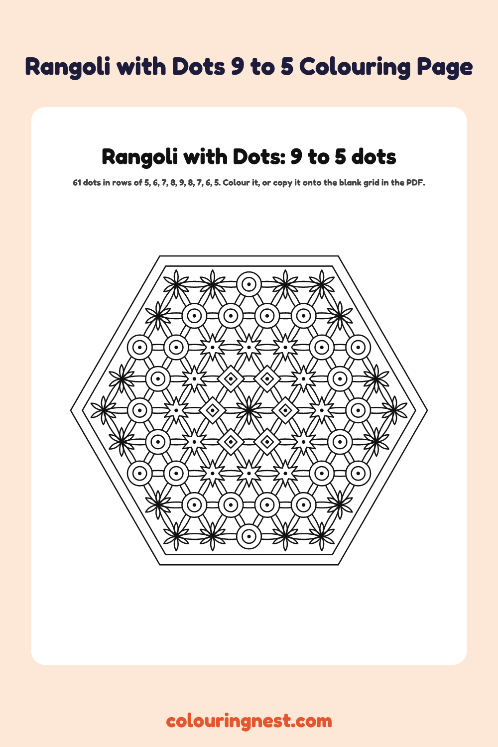 Rangoli with Dots 9 to 5 Colouring Page coloring page: free printable black-and-white line art